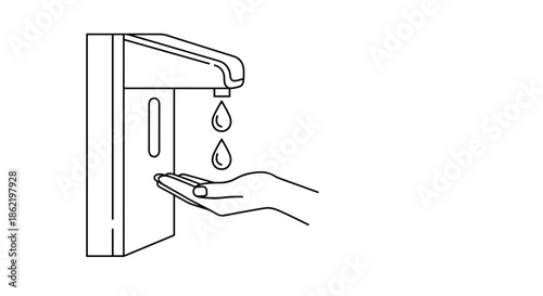 Line art illustration showing a hand receiving a drop of liquid from an automatic wall-mounted sanitizer dispenser for hygiene purposes.