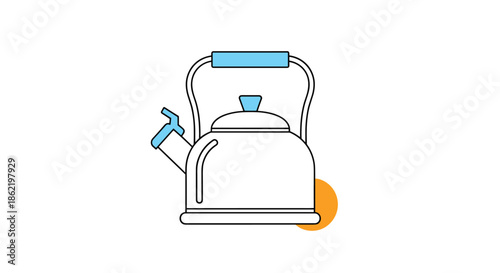 Modern line art illustration of a whistling tea kettle with light blue accents on the handle and spout over a simple orange circle.