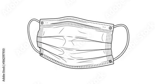 Detailed black and white line drawing of a disposable surgical face mask showing the pleats and ear loops for medical protection and safety.