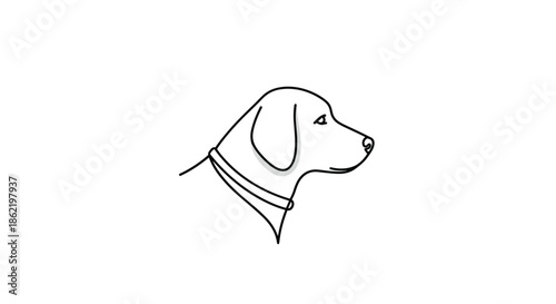 Minimalist continuous line drawing of a dog head in profile featuring a simple collar and clean lines for a modern pet-themed design.
