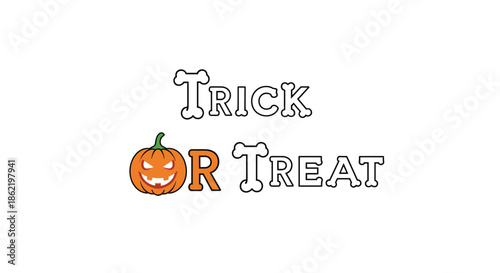 Trick or Treat festive text design for Halloween featuring an orange carved pumpkin replace the letter O in the middle of the phrase.