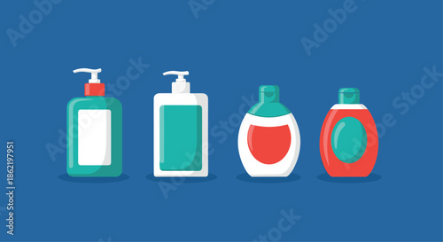 Set of four different hand sanitizer and liquid soap bottles in various shapes and colors arranged in a row against a solid blue background.