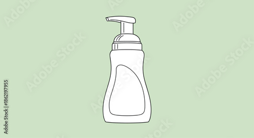 Simple outline drawing of a soap dispenser bottle with a pump on a light green background representing cleanliness and personal hygiene.