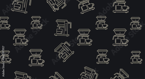 Seamless pattern of coffee makers and cups in white line art style repeated across a dark background for kitchen or cafe theme designs.