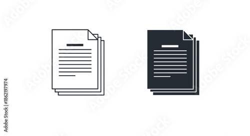 Document file icons showing a stack of papers in both outline and solid dark gray styles for digital interface and paperwork concepts.
