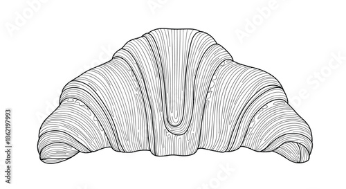 Exquisite engraved-style drawing of a crescent croissant with detailed shading and texture representing a delicious bakery product.