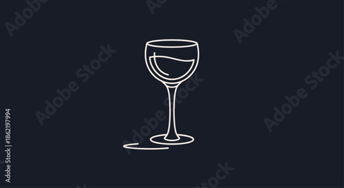 Elegant white line drawing of a wine glass partially filled with liquid against a dark navy blue background for a minimalist aesthetic.