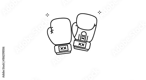 Simple black and white line art illustration of a pair of professional boxing gloves on a clean white background.