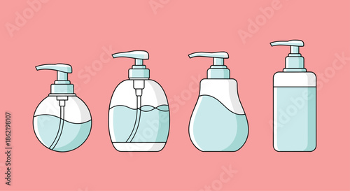 Various shapes of liquid soap or hand sanitizer dispenser bottles with pump tops displayed on a soft pink background.