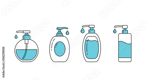 Set of four different blue liquid soap or sanitizer dispenser bottles with drops shown on a plain white background.