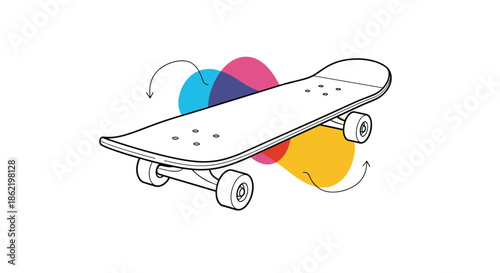 Modern skateboard illustration featuring colorful abstract circular shapes and arrows on a clean white background.