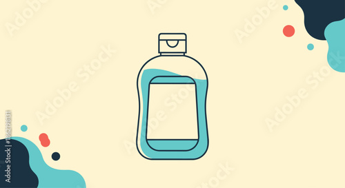 Simple bottle of cleaning liquid or cosmetic product with a flip-top cap on a decorative colorful abstract background.