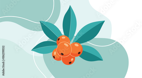 Bright orange sea buckthorn berries on a branch with teal leaves over an abstract soft blue and white background.