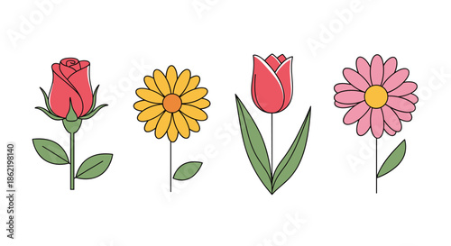 Set of four colorful flowers including a red rose, yellow daisy, pink tulip, and blossom in a simple flat vector style.