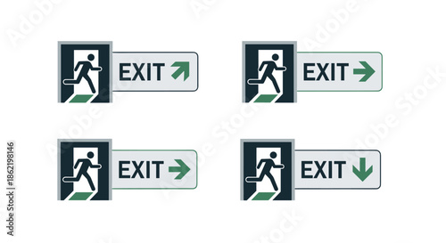 Four variations of emergency exit signs featuring a running person icon and directional arrows in green and white colors.