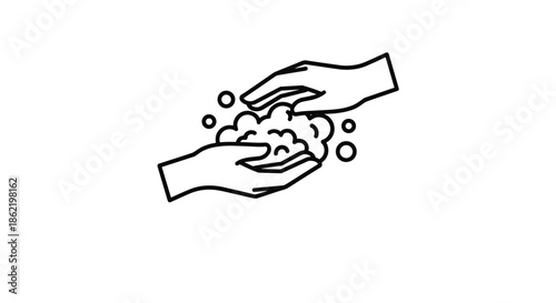 Simple black line art illustration of two hands being washed with soapy bubbles for hygiene and daily cleanliness.