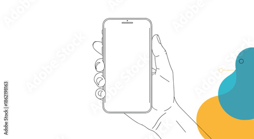 Hand-drawn outline of a hand holding a modern smartphone with a blank white screen for mobile app interface mockups.