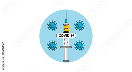 Syringe with yellow liquid labeled covid-19 surrounded by virus particles on a blue circle for vaccination concepts.