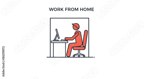 Simple red icon of a person working from home at a desk with a computer monitor for remote work and office concepts.