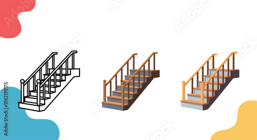 Three versions of a wooden staircase including simple line art, shaded, and colorful styles on a creative background.