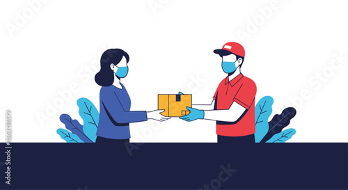 Delivery person wearing a face mask and gloves handing a cardboard package to a female customer for safety protection.