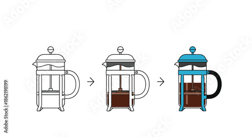 Sequence of three French press coffee maker illustrations showing the various stages of brewing from empty to blue.