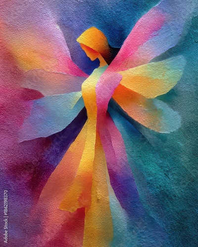 Abstract watercolor fairy with colorful wings in vibrant hues