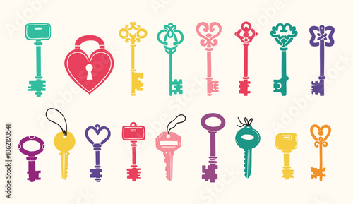 Hand drawn colored vector Keys. Doodle various vintage, modern and cute isolated keys. Different types, sizes.