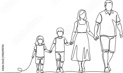 A family of four standing together in a simple line drawing
