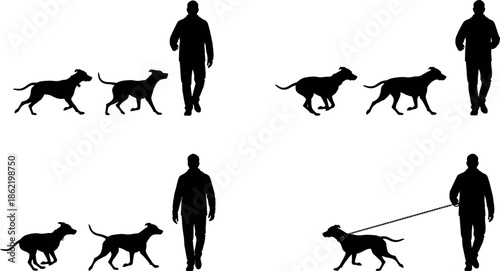 Silhouettes of a man and dogs in various interactions