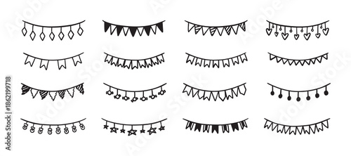 Holiday bunting doodle set. Hand drawn outline birthday garland of flags, hearts, stars, circles. Children doodle drawing