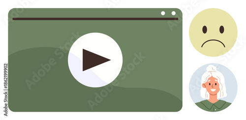Green video player with centered play button, alongside a smiling face and a sad face. Ideal for video content, emotions, feedback, online streaming, user experience, media consumption, simple flat