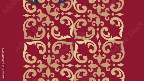 draw scenery of several peacock feather enclose by golden frame in square shape on maroon screen background
