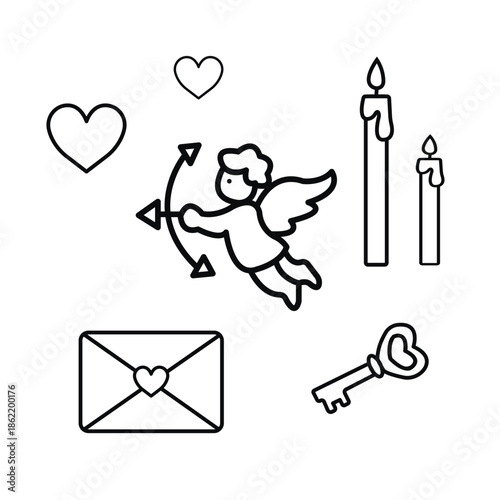 Minimalistic black and white Valentine's Day sticker pack with line icons of hearts, cupids, letters, candles, and keys.