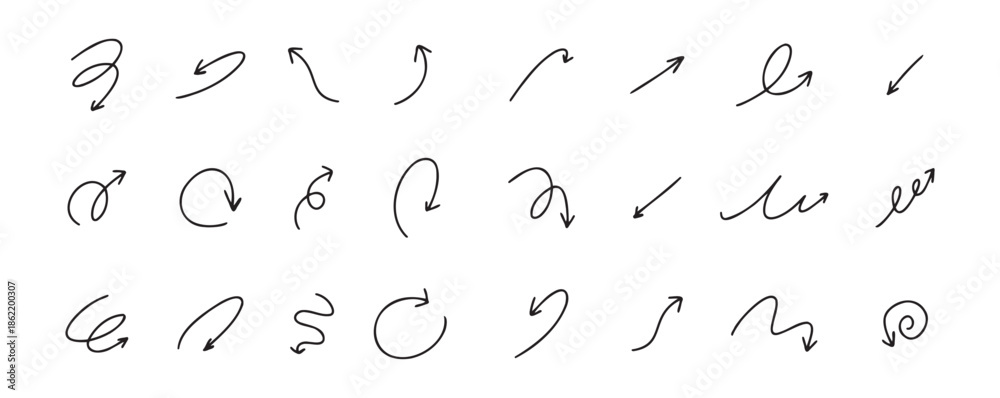 Naklejka premium Doodle spiral arrows set. Hand drawn arrows. Design quirky twist line, curve wave arrow. 