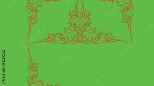 draw scenery of four oil lamp enclose by golden frame in square shape on abstract green screen background
