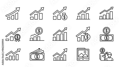 A set of 15 various financial and business-related icons featuring upward trending arrows, bar graphs, currency symbols, and other design elements