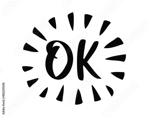 Ok comic doodle lettering flash effects. Shining hand drawn OK onomatopoeia. Okey okay decorative word cartoon icon