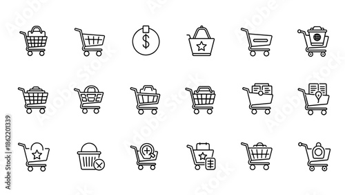 A set of 15 minimalist black and white line art icons depicting various shopping cart designs with symbolic additions