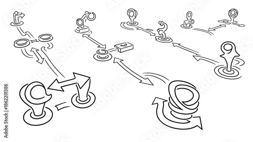 A monochrome line art illustration depicts interconnected abstract symbols and directional arrows, showcasing a flow and process with different pathways