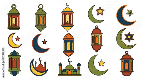 A vibrant collection of colorful lanterns and crescent moons adorned with stars are displayed against a plain background for a festive occasion.