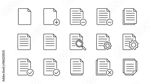 A set of 15 minimalistic document icons in a black line style. Includes add, remove, search, settings, checkmark, and cross icons