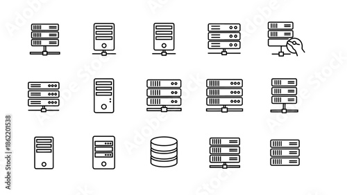 A set of 15 minimalistic line art icons depicting various computer server and data storage designs. Clean and professional, they stand out