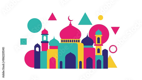 Vibrant illustration of a mosque surrounded by geometric shapes in various colors