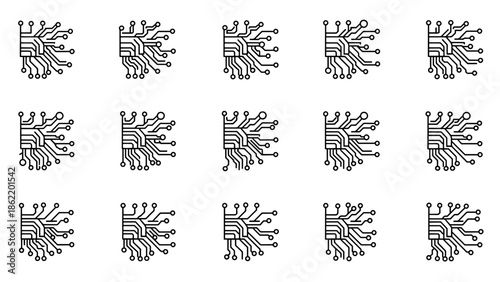 A pattern of fifteen stylized electronic circuit board designs, arranged in three rows, against a blank white backdrop. Each design is a corner section
