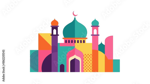 Vibrant illustration of a mosque with colorful domes and minarets in a lively cityscape at sunset