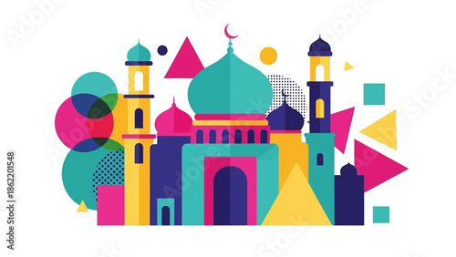 Vibrant illustration of a mosque with colorful geometric shapes in a modern artistic environment