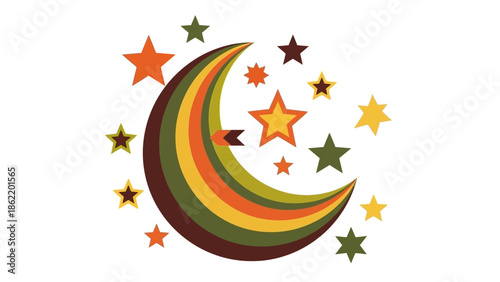 A colorful crescent moon shines brightly with vibrant stars in the night sky on a magical evening.