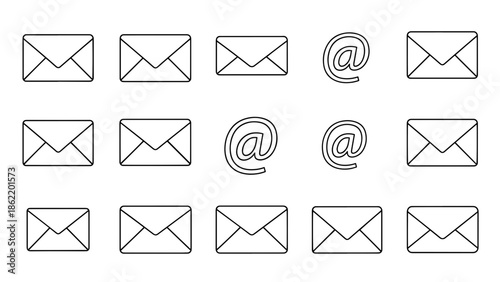A pattern of outline-style envelope icons and @ symbols is displayed on a white background. This image is clean and minimalistic