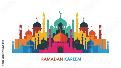 Vibrant illustration of a mosque during Ramadan Kareem celebration with colorful architecture and domes